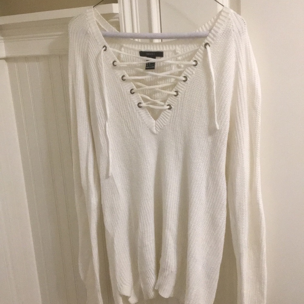 White lace up sweater